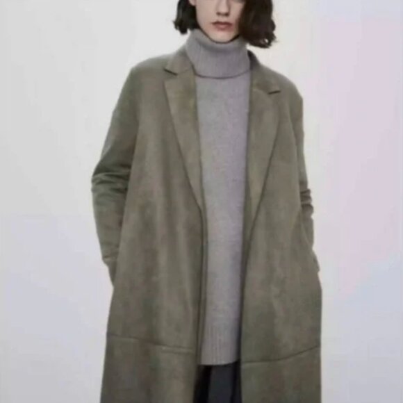 Zara Olive Green Faux Suede Long Jacket, Sz L, EUC - Picture 2 of 8